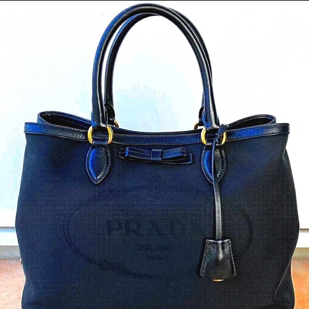 Prada Jacquard Ribbon Two way Handbag.Blk Canvas w/LthrTrm,$475or Bst RsnblOffer
